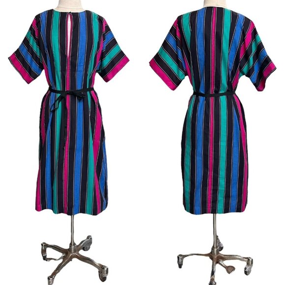 70s 80s vintage striped hippy dress caftan coverup cotton relaxed loose belt. - Picture 1 of 10